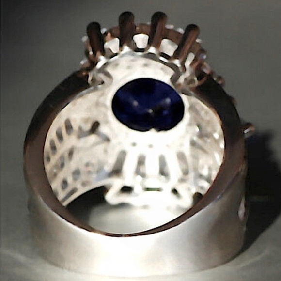 Blue Sapphire Sterling Silver Baguette Crown Statement Ring - Picture 8 of 14